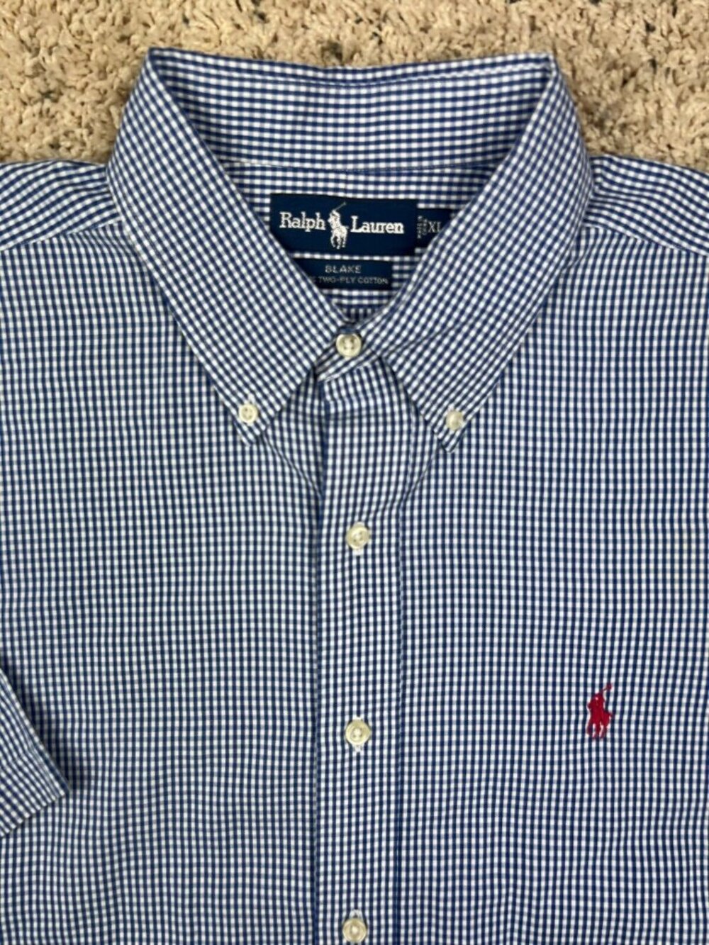 Ralph Lauren Blake S/S Shirt XL Blue Check Button Up Casual w Pony Logo Cotton